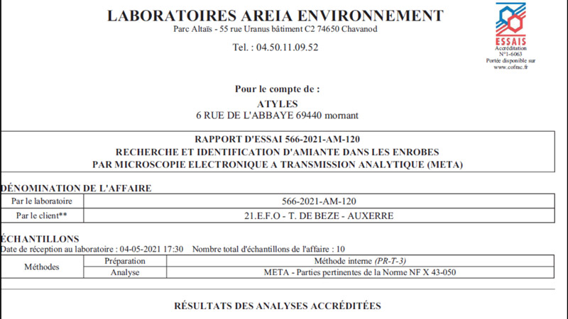 Vérification du rapport émis par le laboratoire Si présence d’amiante, contact immédiat du client pour information